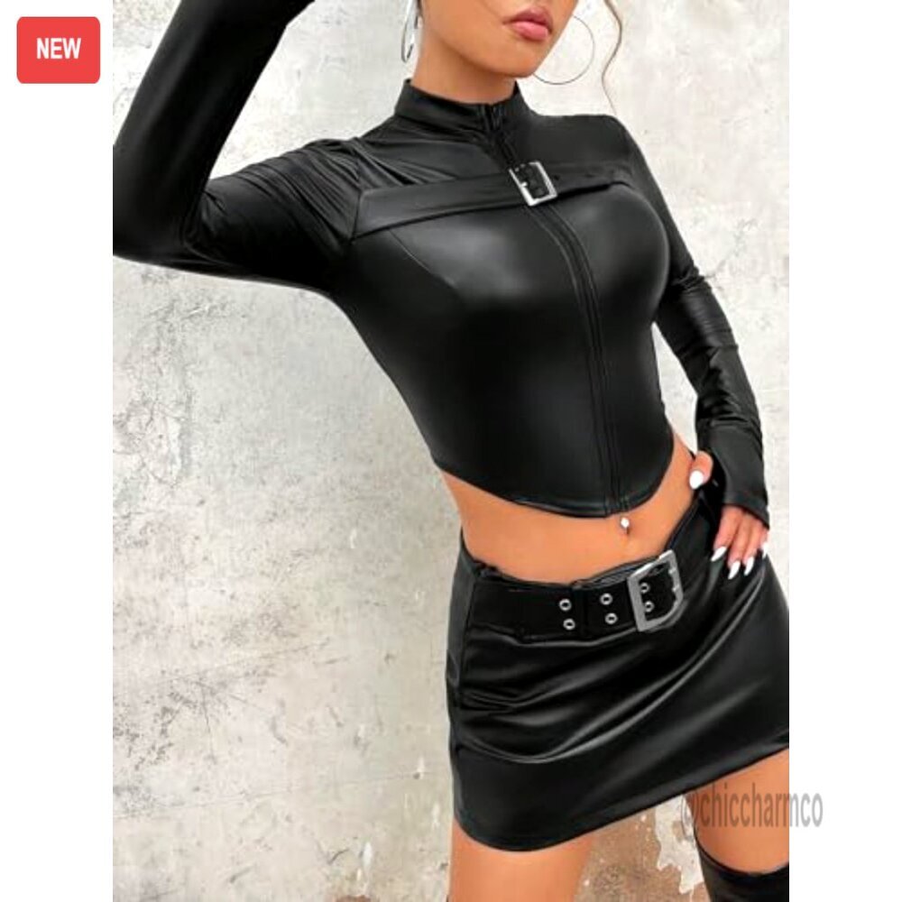 Leather Cropped Jacket Zip Up Outerwear Long Sleeve Stand Collar - Picture 4 of 6